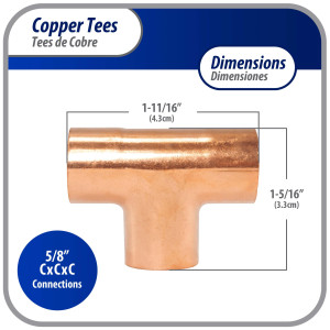 Appli Parts AP-T058B10 5/8pulg Tee de Cobre Conexiones CxCxC soldadas para aplicaciones de refrigeracion, aire acondicionado y plomeria Tuberia de Cobre ACR y Tipo L (10 x Bolsa)