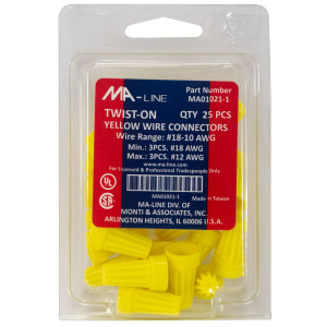 MA-Line MA01021-1 Yellow Twist on Wire Connector No. 18 through 10 AWG. Bag of 25ea