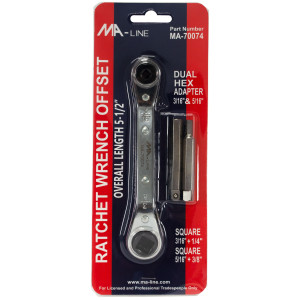 MA-Line MA-70074 Llave Ratchet con Adaptadores. Desnivel 5-1/2in. Una Punta Quadrada de 3/16pulg y 1/4pulg. Una Punta Cuadrada de 3/16pulg por 5/16pulg. Adapatadores Hexagonales 3/16pulg y 5/16pulg