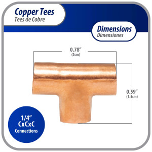 Appli Parts AP-T014 1/4 pulg Tee de Cobre Conexiones CxCxC soldadas para aplicaciones de refrigeracion, aire acondicionado y plomeria Tuberia de Cobre ACR y Tipo L