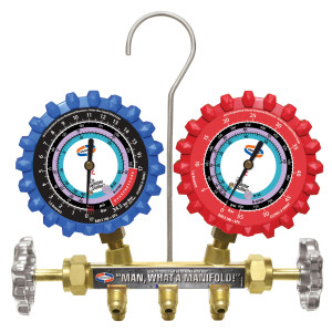 Uniweld QS8N3SM410A-8 Maniflold R410, R32 2-V Brass with 3-1/8 in NPF Gauges 3 ft SMB Ez-Turn AB Hoses