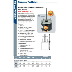 Mars 20881 1/3 HP, 825 rpm, 460 V, 60 Hz, 1 Ph, 1 Eje, TEAO Cerramiento, 1 Velocidad, Rotacion Reversible, Cuadro 48, Remplaza 1881, D960, 51-100998-26, R32714