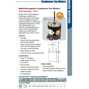 MARS 20471 1/4-3/4HP Multi HP 1075rpm Motor para Unidad Condensadora de Aire Acondicionado 6 poles, 1 eje, Cerramiento TEAO, 2 velocidades, Marco 48, Reversible, 208-230 V,60 Hz,1 Ph, Capacitor 15mfd/440VAC