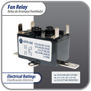 Appli Aprts APFR-360 Rele de ventilador 90-360 de conmutacion de Fan Relay, SPST, Polo Sencillo, Tiro Sencillo, bobina de 24 V, CA, Normalmente Abierto, Soporte de ajuste multiple, Aplicacion Universal