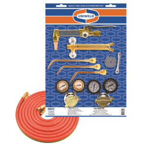 Uniweld KL71-4 Juego Soldadura Profesional Patriot Incluye Manilla y Puntas de Soldar, Accesorio y Punta de Corte, Regulador Oxigeno y Acetileno, Mangueras, Gafas, Encendedor, Llave Tanque