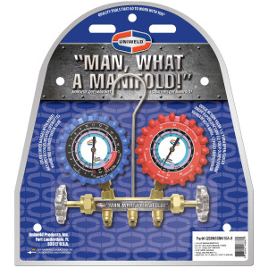 Uniweld QS8N5SM410A-8 Maniflold R410, R32, psi/bar, Celsius, 2-V Brass with 3-1/8 in NPF Gauges 5 ft SMB Ez-Turn AB Hoses