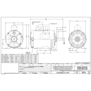 US Motors D2C1J14 2 HP 3600 rpm, 115/208-230 V, 60 Hz, 1 Ph, 1 eje, ODP, 1 Velocidad, Rotacion Reversible, Marco 145T, C063HZL5215012B