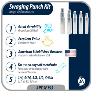 Appli Parts APT-SP193 Juego de Expansores 1/4, 5/16, 3/8, 1/2, 5/8 pulg, para usar en cualquier tubo de metal blando
